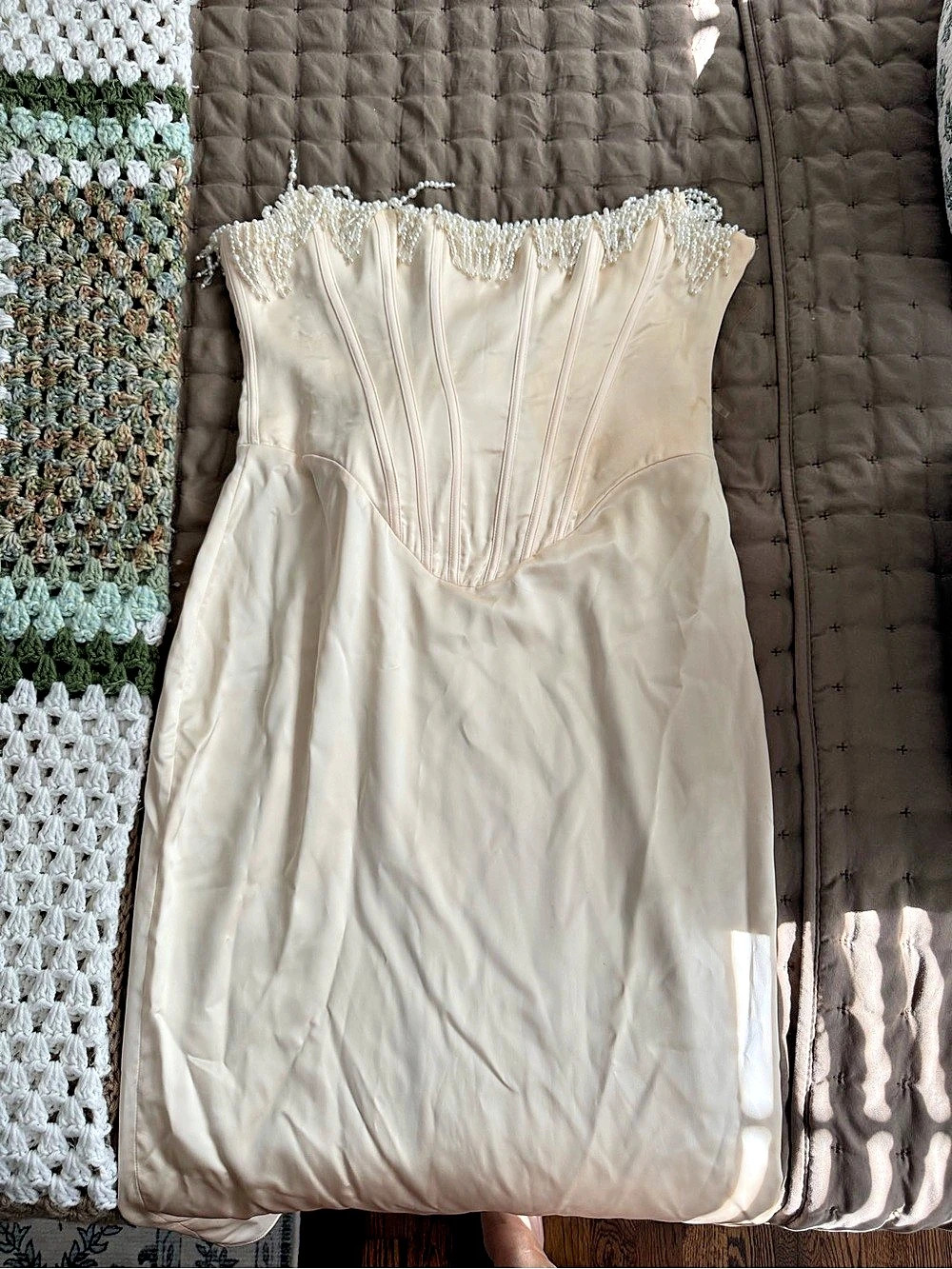 House of CB Nalita Imitation Pearl Trim Strapless Midi Dress White